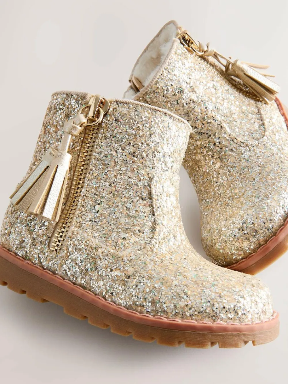 Online Next Gold Glitter Wide Fit (G) Chelsea Zip Tassel Ankle Boots
