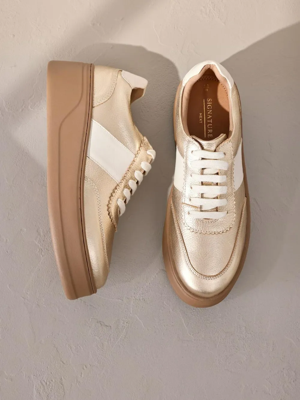Next Lace Up Signature Premium Leather Chunky Wedge Lace-Up Trainers Gold