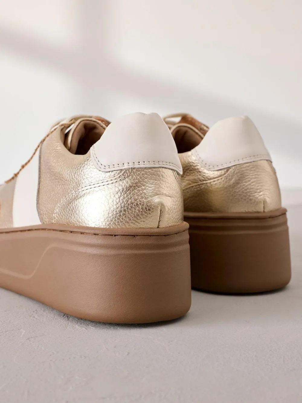 Next Lace Up Signature Premium Leather Chunky Wedge Lace-Up Trainers Gold