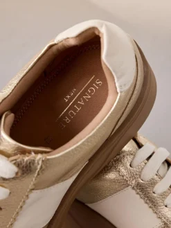 Next Lace Up Signature Premium Leather Chunky Wedge Lace-Up Trainers Gold