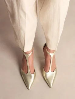 Outlet Next Leather T-Bar Pointed Toe Heels Gold