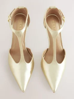 Outlet Next Leather T-Bar Pointed Toe Heels Gold