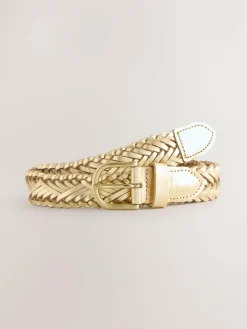 Online Next Hand Plaited Leather Belt Gold Tone
