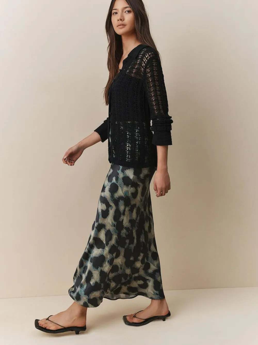 Next Satin Midi Skirt Green Animal Print