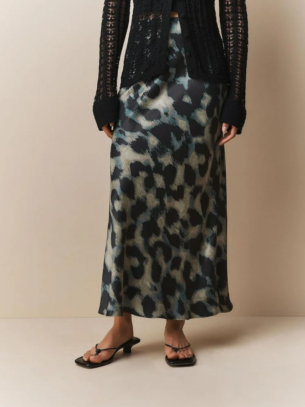 Next Satin Midi Skirt Green Animal Print