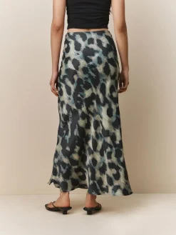 Next Satin Midi Skirt Green Animal Print