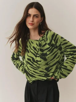 Sale Next Twist Neck Long Sleeve Blouse Green Animal Print