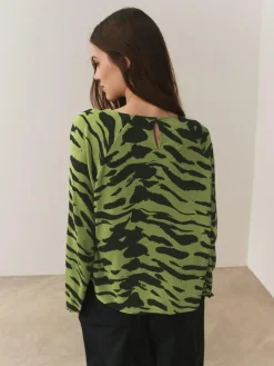 Sale Next Twist Neck Long Sleeve Blouse Green Animal Print
