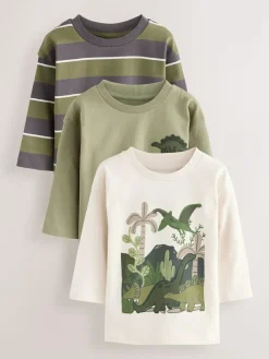 Next Green Dinosaur Long Sleeve Graphic Print T-Shirts 3 Pack (3mths-7yrs)