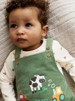 Next Green Farm Cord Dungarees and Bodysuit Set (0mths-2yrs)^BOY Rompers & Overalls|Dungarees