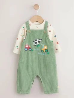 Next Green Farm Cord Dungarees and Bodysuit Set (0mths-2yrs)^BOY Rompers & Overalls|Dungarees