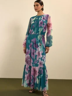 Next Green Floral Long Sleeve Mesh Maxi Dress^Women Occasion Dresses|Maxi Dresses
