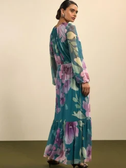 Next Green Floral Long Sleeve Mesh Maxi Dress^Women Occasion Dresses|Maxi Dresses