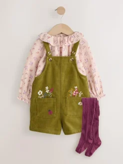 Next Green Floral Print Corduroy Dungarees Blouse and Tights Set (3mths-6yrs)^ Jumpsuits & Playsuits