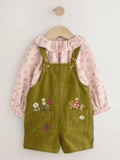 Next Green Floral Print Corduroy Dungarees Blouse and Tights Set (3mths-6yrs)^ Jumpsuits & Playsuits