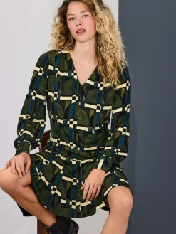 Next Long Sleeve A-Line Mini Dress Green Geo Print