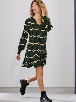 Next Long Sleeve A-Line Mini Dress Green Geo Print