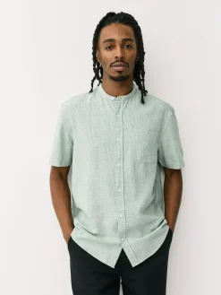 Next Grandad Collar Cotton Linen Blend Short Sleeve Shirt^ Shirts