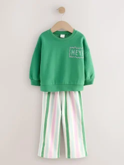 Next Green Hey Hi Sweatshirt & Wide Leg Trousers Set (3mths-7yrs)^ Baby Girls|Sweatshirts & Hoodies