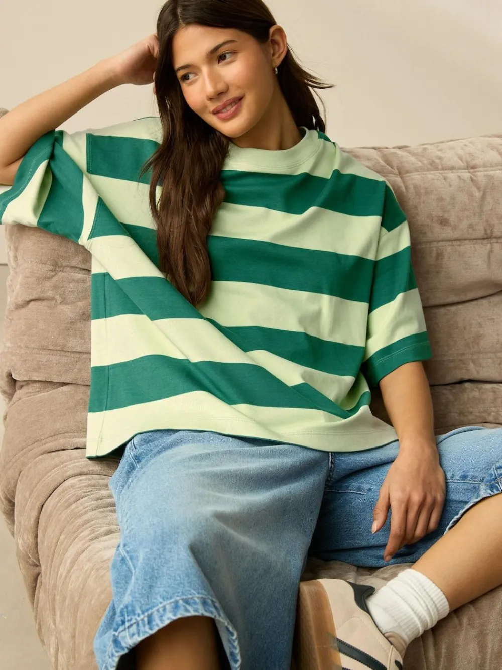 Next Green Monochrome Oversized Relaxed Fit Boxy Heavyweight Crew Neck T-Shirt^Women Nightwear|Tops & T-Shirts