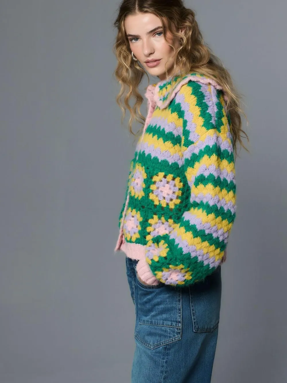 Next Green Multi Patch Hand Crochet Collar Cardigan^Women Knitwear|Knitwear