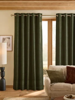 Hot Next Bouclé Lined Eyelet Curtains Green Olive