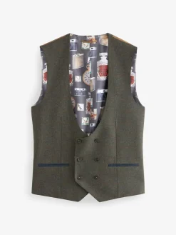 Next Green Regular Fit Nova Fides Italian Wool Blend Trimmed Check Suit Waistcoat^ Vests