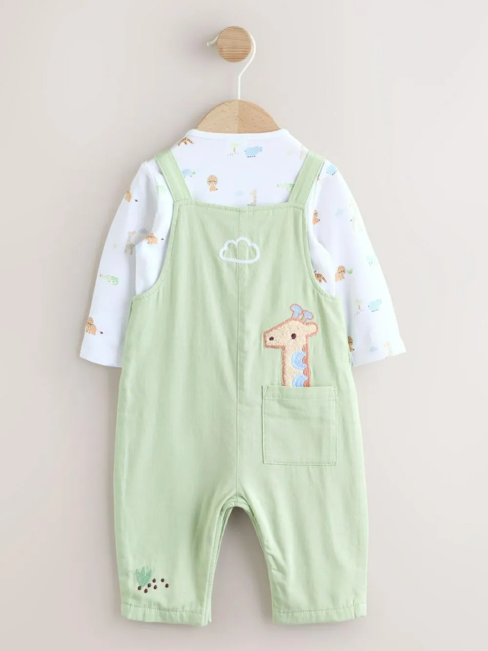 Outlet Next Baby Twill Dungarees and Bodysuit Set (0mths-2yrs) Green Safari Animal