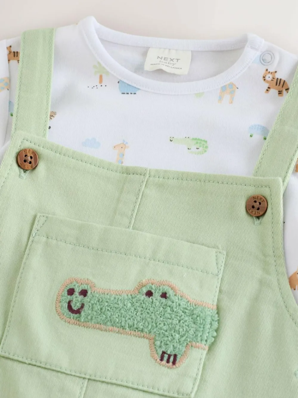 Outlet Next Baby Twill Dungarees and Bodysuit Set (0mths-2yrs) Green Safari Animal