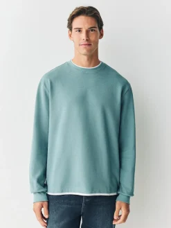 Next Long Sleeve Mock Crew Neck T-Shirt Green Sage