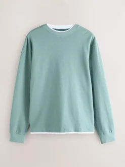 Next Long Sleeve Mock Crew Neck T-Shirt Green Sage