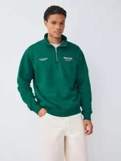 Online Next Simple Text Graphic Print Quarter Zip Neck Sweatshirt Green