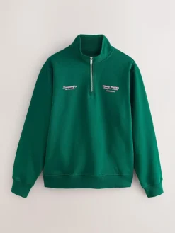 Online Next Simple Text Graphic Print Quarter Zip Neck Sweatshirt Green