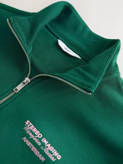 Online Next Simple Text Graphic Print Quarter Zip Neck Sweatshirt Green