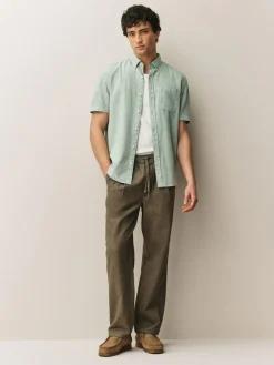 Next Standard Collar Cotton Linen Blend Short Sleeve Shirt Green