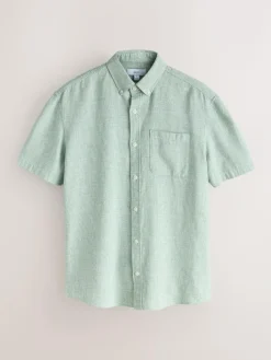 Next Standard Collar Cotton Linen Blend Short Sleeve Shirt Green