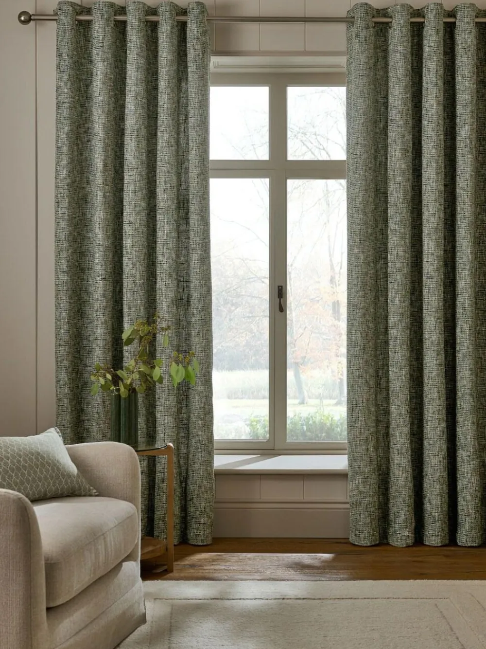 New Next Textured Chenille Lined Eyelet Curtains Green