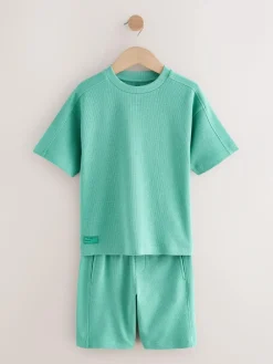 New Next Textured Short Sleeve T-Shirt and Shorts Set (3-16yrs) Green
