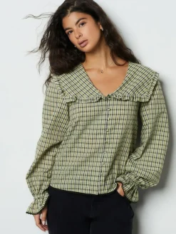Best Next Oversized Collar Long Sleeve Blouse Green/Black Check