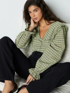 Best Next Oversized Collar Long Sleeve Blouse Green/Black Check