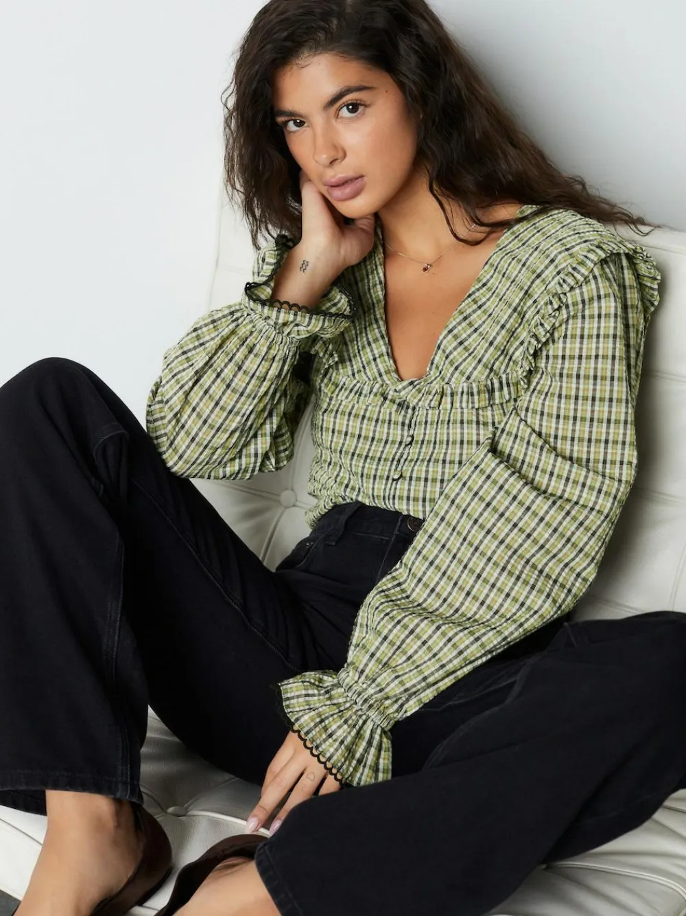 Best Next Oversized Collar Long Sleeve Blouse Green/Black Check