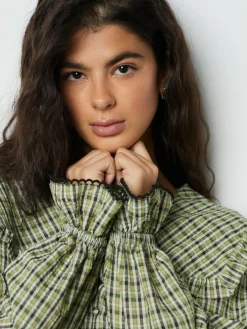 Best Next Oversized Collar Long Sleeve Blouse Green/Black Check