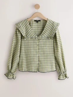 Best Next Oversized Collar Long Sleeve Blouse Green/Black Check