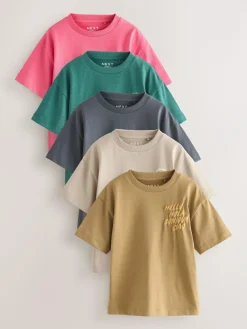 New Next Small Short Sleeve Graphic T-Shirts 5 Pack (3mths-7yrs) Green/Charocal/Stone/Pink/Brown