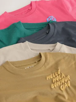 New Next Small Short Sleeve Graphic T-Shirts 5 Pack (3mths-7yrs) Green/Charocal/Stone/Pink/Brown