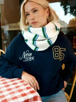 Next Green/Cream Stripe Knitted Heavyweight Scarf^Women Hats, Gloves & Scarves|Hats, Gloves & Scarves