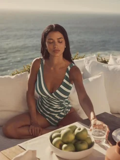 Next Green/Cream Stripe Ruched Side Tummy Shaping Control Swimsuit^Women Swimwear