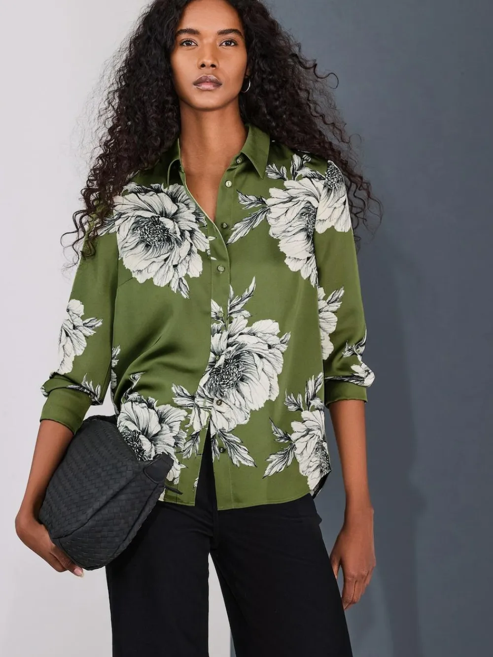 Best Next Long Sleeve Shirt Green/Ecru Floral Print