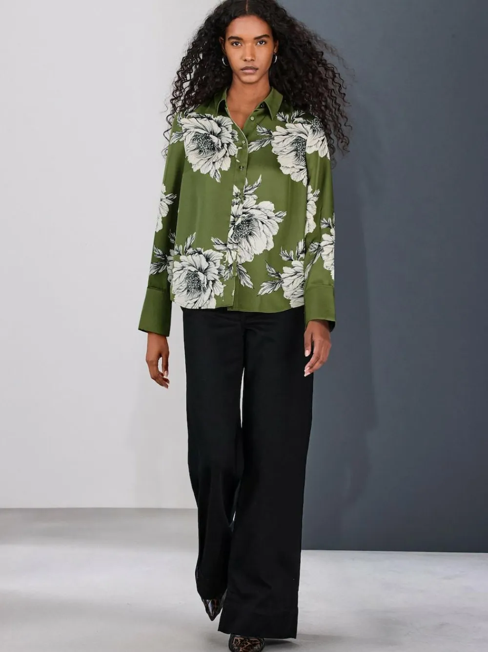 Best Next Long Sleeve Shirt Green/Ecru Floral Print