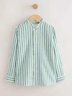 Sale Next Green/Ecru Stripe Grandad Collar Linen Mix Long Sleeve Shirt (3-16yrs)